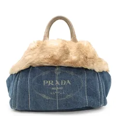 美品 PRADA カナパ デニムファー ハンドバッグ プラダ PRADA カナパ デニム ファー トートバッグ ブルー WS6794