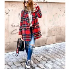 ZARA BASIC ザラ タータンチェック ダブルブレストジャケット コート