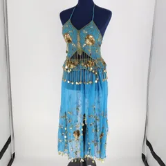 【ベリーダンス用 オリエンタル衣装】水色×ゴールド スパンコールラメ レース生地 煌びやか 豪華 透け感 オシャレ コイン かわいい 綺麗 きれいめ セットアップ 上下セット トップス 巻きスカート セット ライトブルー 金色 ゴージャス エレガント キラキラ