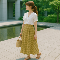 ＼上品カジュアル×映えカラーが主役🌼／リフレクト＊ Reflect＊イエロー系チェック柄タックロングスカート＊S相当（7号）日本製＊春夏✨