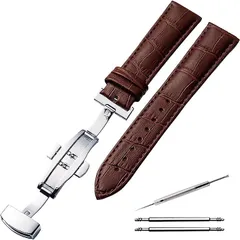 anddat 腕時計 交換用ベルト バンド レザー クロコ型押し メンズ 茶 銀 22mm( 茶　銀　22mm)