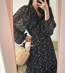 ワンピース 春 夏 レディース 花柄 長袖 Vネック ボリューム袖 きれいめ オフィス 海 大きいサイズ  夏 フラワー ワンピース ロング レディース お洒落 シフォン 体型カバー 着痩せ シンプル カジュア 薄手 旅行 リゾート xzzhang220