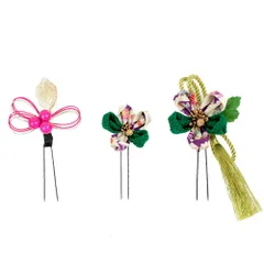 髪飾り ３点セット 緑 成人式 花 つまみ細工 水引 和風 結婚式 浴衣 七五三 卒業式 入学式 ヘアアクセサリー 髪留め 日本製 バレンタイン クリスマス 誕生日 グリーン 送料無料 W 30 323-259 u753　Si