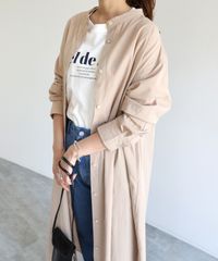 【新品】ワッシャーコットン バンドカラー ロング　前開き　ナチュラル　ワンピース　透け感　綿100％　ベージュ　春服