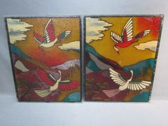 鶴のガラス絵　２枚セット　凹凸ガラス　でこぼこガラス　昭和レトロ