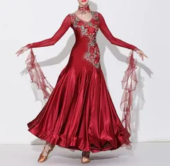 社交ダンスドレス モダンダンス　花 刺繍  ワインレッド オーダーメイド