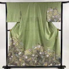 お値引き交渉OK！☆ 美品 ☆ 辻が花 訪問着 落款あり 裄長め 薄抹茶色正絹