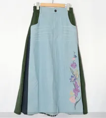 543265：デニム×ピーチ起毛切替 花蝶刺繍デニムスカート