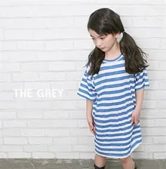 韓国子供服 ボーダーデザインルーズワンピース Tシャツ ワンピース カットソー ストレッチ 半袖 キッズ ブルー