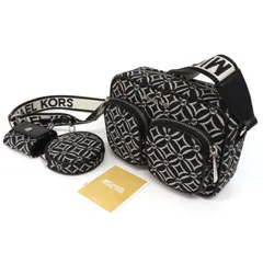 OI25065r 極美品 MICHAEL KORS マイケルコース JET SET ロゴ ジャカード クロスボディ ウィズ テックアタッチ ミディアム ショルダーバッグ 総柄 ジャガード×レザー 黒×グレー