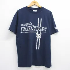 XL/古着 半袖 ビンテージ Tシャツ メンズ 90s MLB ニューヨークヤンキース コットン クルーネック 紺 ネイビー メジャーリーグ ベースボー