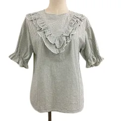 エヘカソポ サマンサモスモス ehka sopo SM2 miyoshi ブラウス カットソー プルオーバー クルーネック フリル チェック 五分袖 F 緑 白 グリーン ホワイト