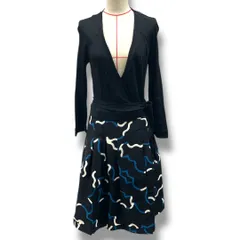 DIANE VON FURSTENBERG ダイアンフォンファステンバーグ Aラインラップワンピース シルク混 404-6240804 黒 青 白 ブラック ブルー ホワイト サイズ6 レディース 春 ゴーゴー古着久喜倉庫店 23 No.524