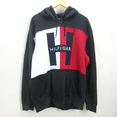 C■トミーヒルフィガー/TOMMY HILFIGER ロゴデザイン フーディ プルオーバーパーカー【XXL】黒白赤/MENS■37【中古】■