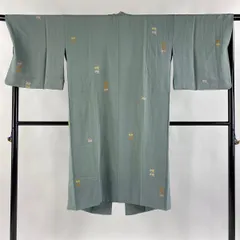 道中着 身丈117cm 裄丈68cm L 和装コート うさぎ 金彩 灰緑 正絹 逸品 【中古】