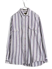 【お得なクーポン配布中!】 90s エディーバウアー ストライプ 長袖 シャツ メンズ M / 90年代 オールド Eddie Bauer 長袖シャツ コットン ポケット付き マルチカラー