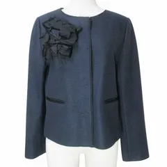 ランバンオンブルー LANVIN en Bleu ノーカラー ジャケット リボン ウール 38 M相当 紺 ネイビー Xのサムネイル