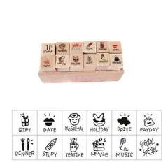 木製スタンプ 12個セット 日記 手帳 スケジュール帳 かわいい ゴム印 はんこ (C)[定形外郵便、送料無料]mer005