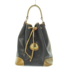 ランセル LANCEL ハンドバッグ ワンハンドル 巾着 レザー 配色 ロゴ 黒 ブラック 茶 ブラウン /AH17 ■GY18
