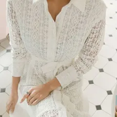 シャツワンピース 長袖 ウエストマーク シアー ワンピース 2色【0915】