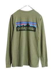 【お得なクーポン配布中!】 パタゴニア 両面 プリント 長袖 Tシャツ メンズ S / 古着 18年製 Patagonia アウトドア ロンT ロングスリーブ ロゴT P6 バックプリント 緑