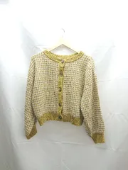 ◇ KHALITA ケーブル　チェック柄　ボタン　シンプル 長袖 カーディガン サイズM イエロー系 レディース E  【1303090020682】