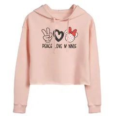 【送料無料】 ディズニー レディース Tシャツ トップス Disney's Minnie Mouse Juniors' Peace Love Cropped Hoodie Pink