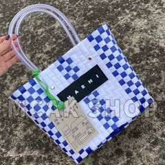 美品 MARNI MARKET マルニマーケット ファッション レディース バッグ ハンドバッグ ピクニックバッグ かごバッグ ブルー×ホワイト