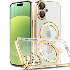 MuZiF iPhone 16 用 ケース MagSafe対応 リング付き クリア メッキ加工 カバー 車載ホルダー対応 多機能 レンズ保護 薄型軽量 耐衝撃構造 透明柔らかいTPU アイフォン16 用 磁気カバー クリアケース（iPhone 16用,きん