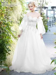 ホワイト [AR24101-W-2410]【Angel R/エンジェルアール】ベア/ 長袖/ 袖/ フレアスリーブ/ フラワー刺繍/ ウェディング/ バースデー/ プリンセス/ フレア/ ロングドレス/ キャバドレス / ナイトドレス