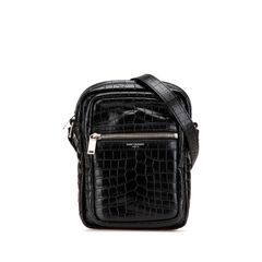 サンローラン シド クロコ型押し ショルダーバッグ ポーチ クロスボディバッグ 581700 ブラック レザー メンズ SAINT LAURENT【1-0215171】