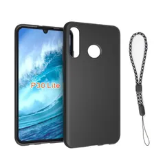 【OPEN記念】対応 Huawei P30 lite 用 ケース カバー シリコン 黒 カバー + ショート ストラップ 携帯ストラップ ソフト TPU シリコン 耐衝撃 滑り止め スマホケース 傷付き防止 超軽量 マット質感 指紋防止 レンズ保護