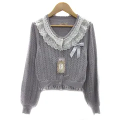 アマベル Amavel ニットカーディガン ショート丈 ラウンドネック かぎ編み レース リボンコサージュ付き F ラベンダー 白 ホワイト /YS19