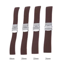 時計ベルト 時計バンド 18㎜～24㎜シリコン ブラウン バックル シルバー 三つ折れ プッシュ式 ダブルロック 交換ベルト