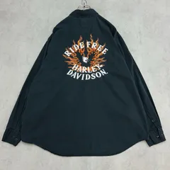 Harley Davidson　ハーレーダビッドソン　RIDE　FREE　刺繍　バイク　バイカー　アメリカン　ビッグデザイン　トップス　長袖　長袖シャツ　古着　ブラック　黒　XL