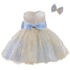 110_ブルー [Karwavyi] 子供ドレス ベビードレス 赤ちゃんワンピースセレモニードレス フォーマル リボンが付き キッズドレス発表会 結婚式 演奏会 お誕生日 記念写真 刺繍 お宮参り プレゼント(110,ブルー）