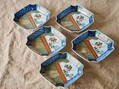 骨董 伊万里 変形皿 ひし形 錦出 色絵 向付 陶器 アンティーク 5枚 最後の一枚☆ 伊万里 色絵金彩 なます皿 膾皿 取り皿 花鳥図 梅