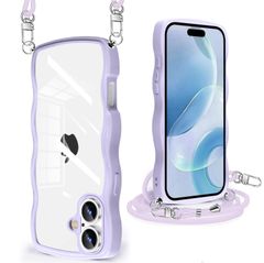 【特価商品】人気 かわいい 耐衝撃 アイフォン16 用 用 カバー 透明 ショルダー スマホケース 薄型 クリア 軽量 首かけ ケース 肩掛け 縄掛けケース 16 ストラップ付き 取り外し可能 iPhone 長さ調整可能 ワイヤレス充電対応（パープル）
