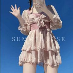 ワンピース水着 体系カバー レディース 水着 パッド付 L ピンク かわいい 袖あり フリル リボン 透明感 夏 海 ビーチ プール 海外旅行 ハワイ dm160t2
