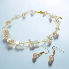 夢うつつのハートセット ピンクビーズ パール ワイヤーネックレス＆ピアス