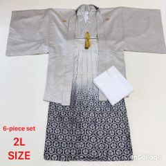 紋付袴 6点セット 着物 羽織 袴 長襦袢 羽織紐 角帯 裄72cm 袴丈91cm 2L グレー 五つ紋 中古 4496