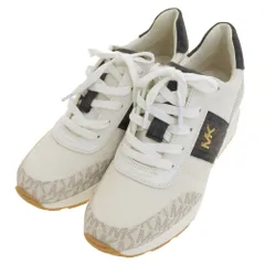 箱付超美品 マイケルコース Michael Kors MK ゴールドメタルロゴ モノグラム柄 厚底 ウェッジソール レザー スニーカー 8M 25cm レディース