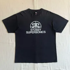 希少　00s　old stussy　旧タグ　SUPERPSONICS　SSリンク　バスケロゴ　両面プリントTシャツ　フェードブラック　L
