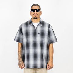 FB COUNTY CHECKER ZIP SHIRT【BLACK×GRAY】(エフビーカウンティ メンズ 大きいサイズ シャツ フランネルシャツ ネルシャツ チェックシャツ オンブレシャツ 半袖 ショートスリーブ 厚手 ビッグサイズ オーバーサイズ)