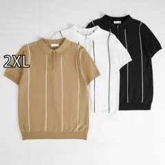 [2XL]秋冬 コーデ メンズ  服 シンプル ファッション オシャレ 大人 かっこいい 大きいサイズ ストリート 紳士服 ハーフ ジップ ストライプ レトロ 半袖 T シャツ ニット アメリカン ポロシャツ