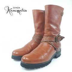 hws00509 美品 銀座かねまつ GINZA Kanematsu エンジニアブーツ スタッズ サイドジップ 37 イタリア製 ブラウン レディース