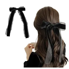 ヘアクリップ [Lapimou] バンスクリップ バレッタ 髪留め クリップ ヘアアクセ ヘアアクセサリー 大きめ ベロア リボン 黒 シンプル ニュアンス 人気 韓国 トレンド おしゃれ かわいい 浴衣 普段使い オフィス (リボン)