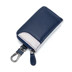 【特価商品】キーケース メンズ 本革 [MBOYU] 2つ外側ポケット カードキーケース スマートキーケース 車キーケース 6連 カード入れ カラビナ付き 大容量 プレゼント (ネイビー/グレー)