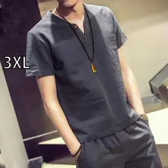[3XL ] メンズ ファッション 服 男性用 オシャレ シンプル 大人 かっこいい 大きいサイズ ストリート 紳士服 リネン 半袖 T シャツ スーツ 夏 Vネック トップス 綿
