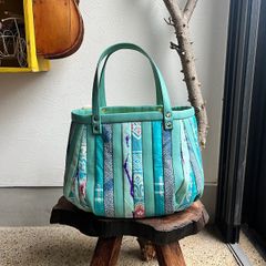革と古布のパッチワークバッグ（ミントグリーンの革＋着物生地）01016-84 着物リメイク 本革 アップサイクル